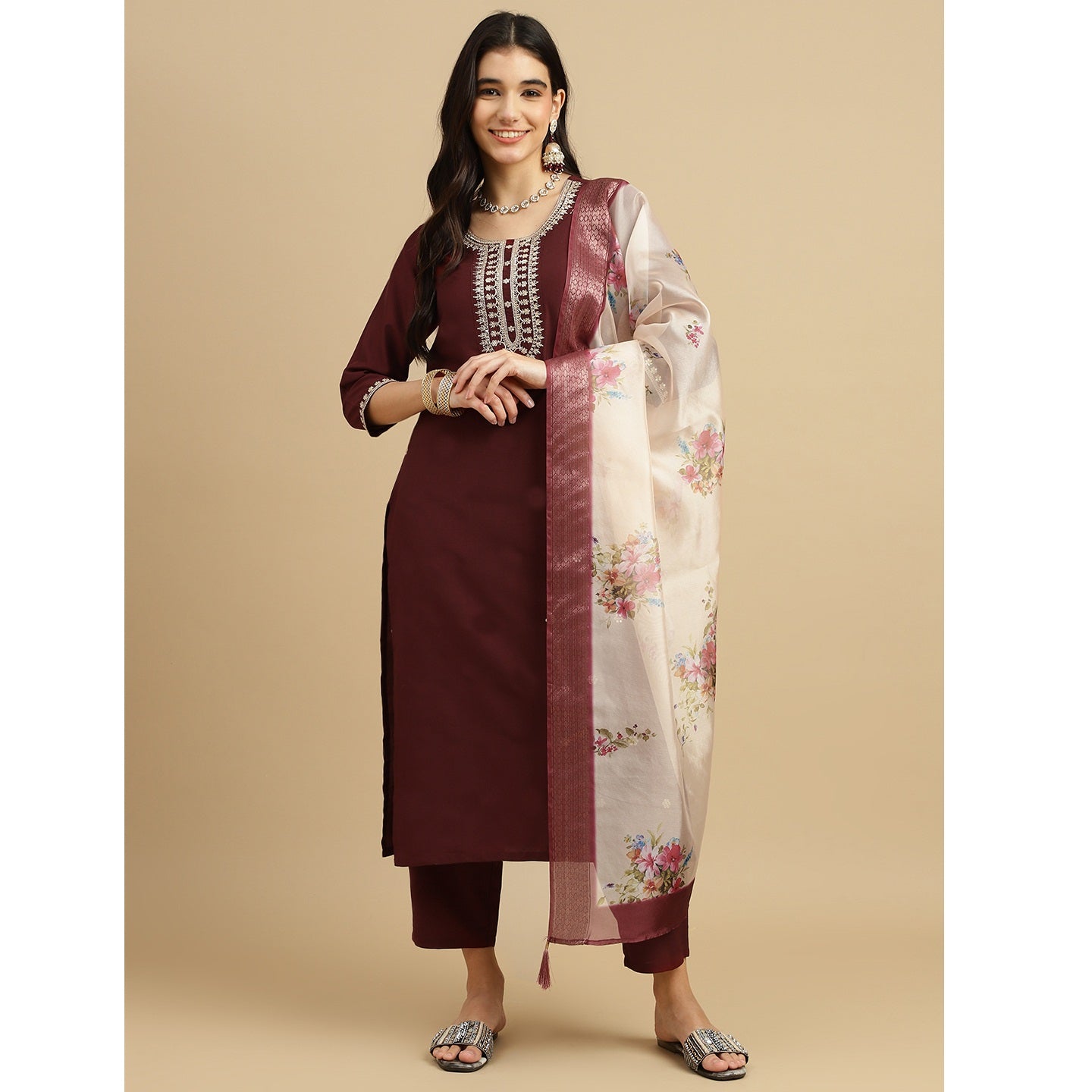 Brown Embroidered Rayon Slub Straight Kurta Pant Dupatta Set